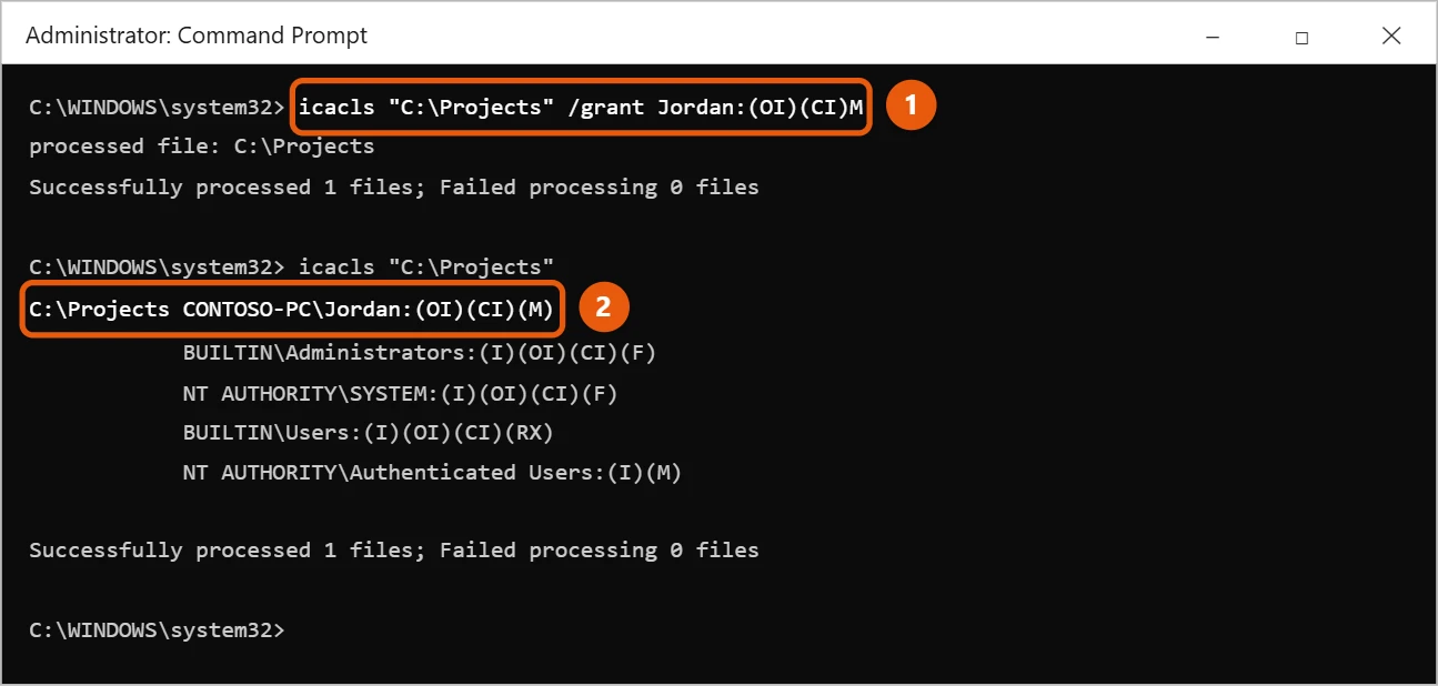 How to Change File and Folder Permissions in Windows 10 2 Windows 10 Command Prompt running icacls to grant a user Modify permission on a folder and list the result