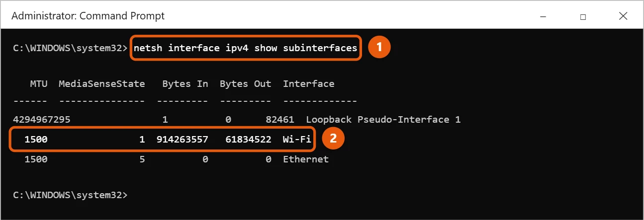 How to Check and Change the MTU in Windows 10 1 Windows 10 Command Prompt showing netsh interface ipv4 show subinterfaces with the MTU of each adapter