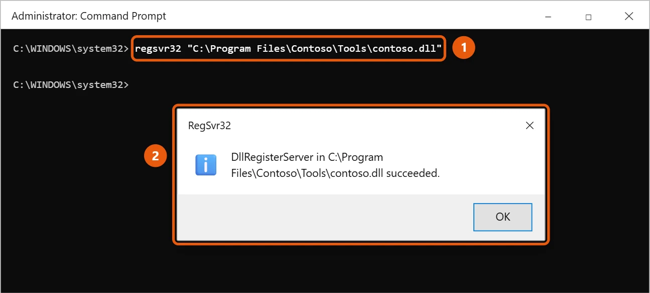 How to Register a DLL in Windows 10 1 Windows 10 Command Prompt running regsvr32 with a DLL path and a message that DllRegisterServer succeeded
