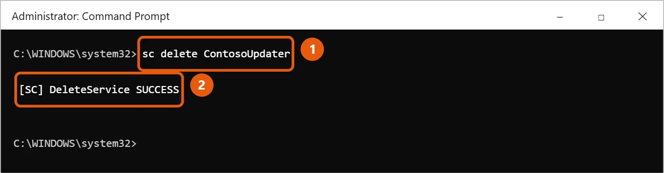 How to Delete a Service in Windows 10 2 Administrator Command Prompt running sc delete on a service with a success message