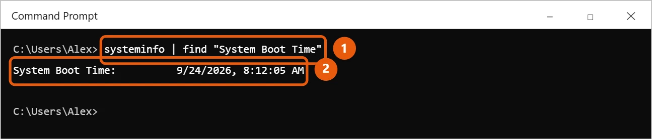 How to Check Uptime in Windows 10 2 Windows 10 Command Prompt showing the System Boot Time line from systeminfo