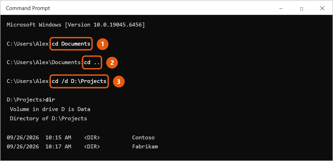 How to Open Command Prompt in Windows 10 2 Windows 10 Command Prompt window showing cd commands to change folders and drives