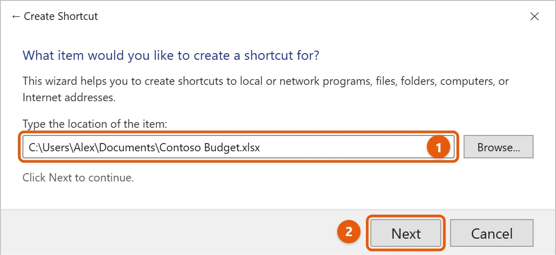 How to Create a Desktop Shortcut in Windows 10 2 Windows 10 Create Shortcut window with a file location typed in and Next highlighted