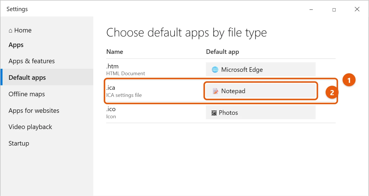 How to Open ICA Files on Windows 10 2 Choose default apps by file type with the .ica row and an app picker highlighted