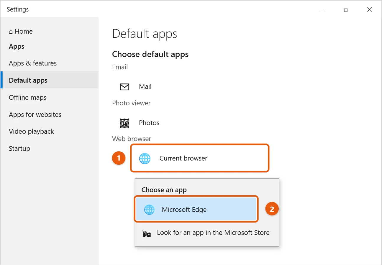 How to Uninstall Chrome on Windows 10 1 Windows 10 Default apps settings with Microsoft Edge chosen as the web browser
