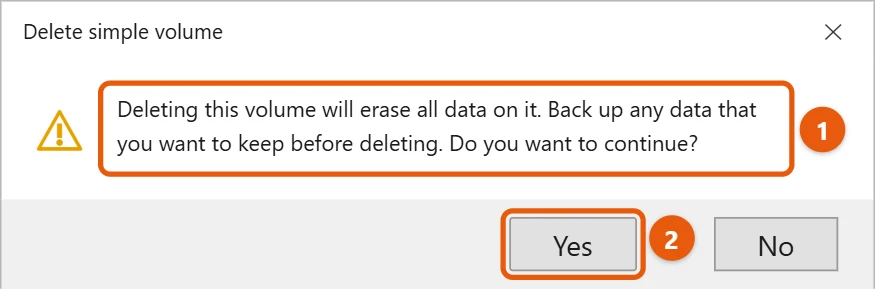 How to Delete a Partition in Windows 10 2 Windows 10 Delete simple volume warning that all data will be erased with the Yes button highlighted