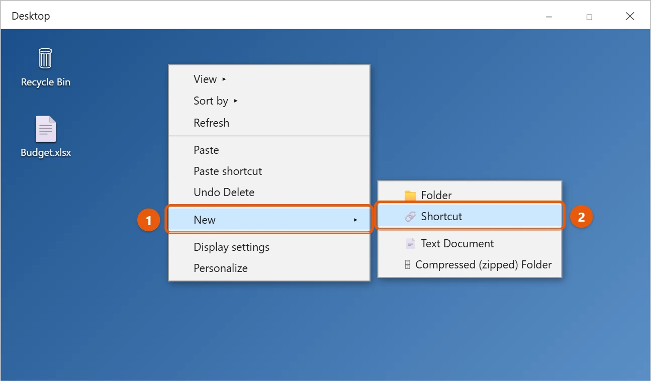 How to Create a Desktop Shortcut in Windows 10 1 Windows 10 desktop right-click menu with New and then Shortcut highlighted