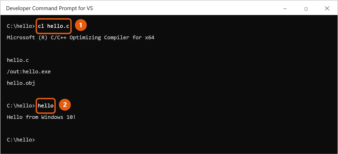 How to Compile and Run a C Program in Windows 10 2 Developer Command Prompt showing cl hello.c compiling and hello printing its message