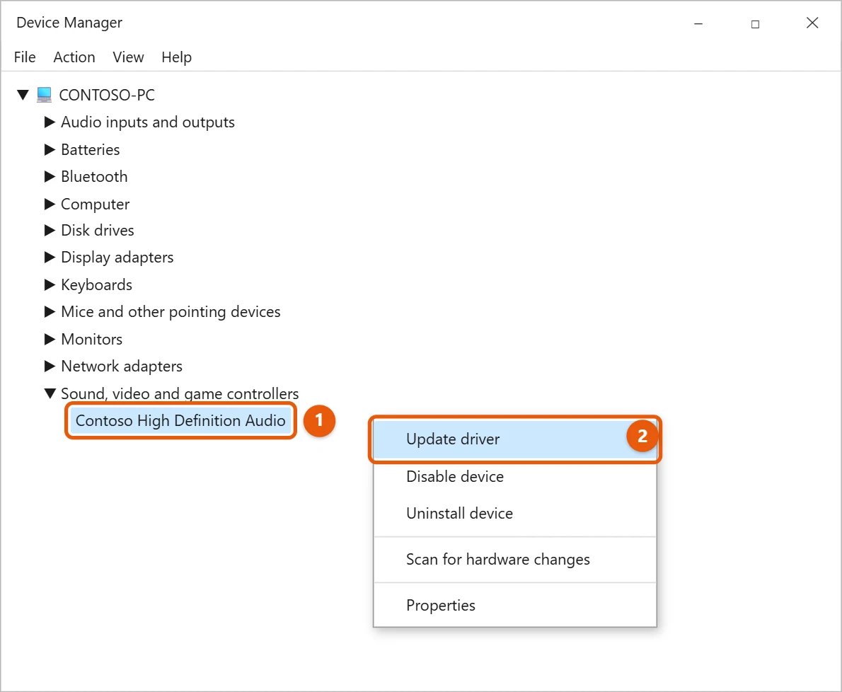 How to Update Audio Drivers in Windows 10 1 Windows 10 Device Manager with an audio device selected under Sound, video and game controllers and Update driver highlighted