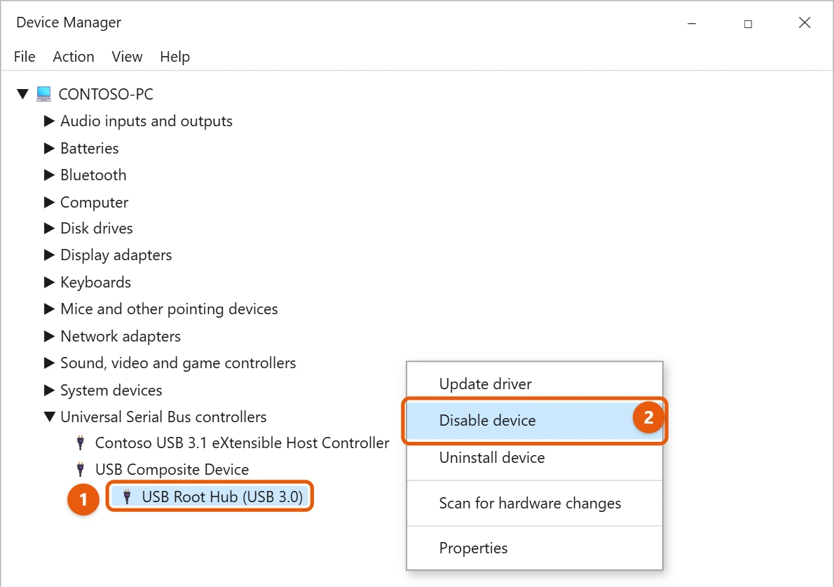 How to Disable USB Ports in Windows 10 2 Windows 10 Device Manager with Universal Serial Bus controllers expanded and Disable device selected on a USB Root Hub