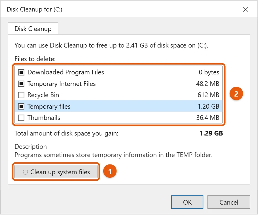 Should You Clean the Registry in Windows 10 with CMD? 2 Disk Cleanup for drive C with Temporary files checked and Clean up system files highlighted