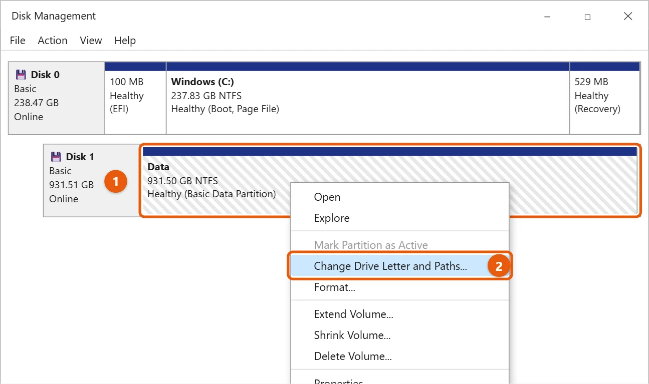 How to Mount a Drive in Windows 10 1 Windows 10 Disk Management with Change Drive Letter and Paths selected on a data partition