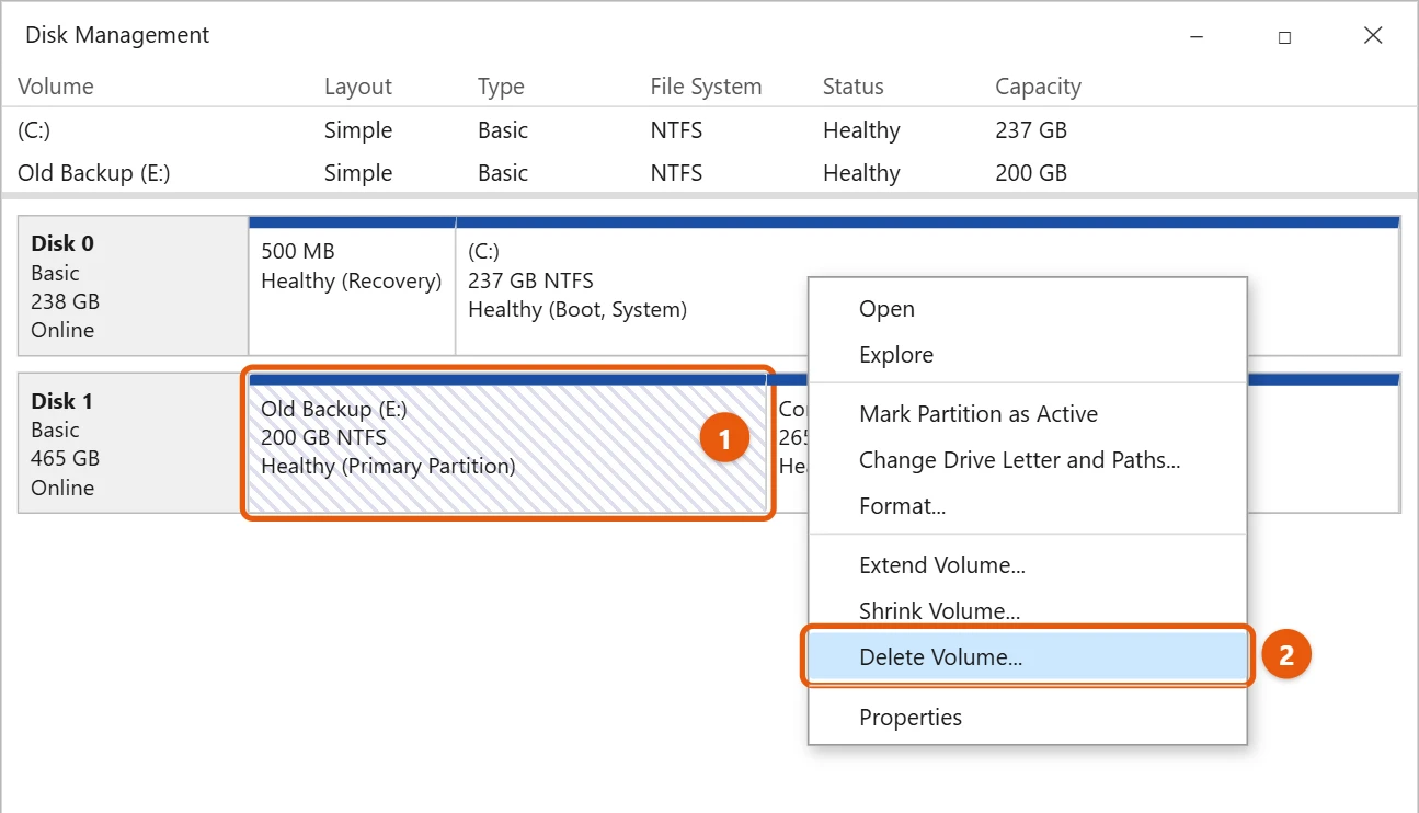 How to Delete a Partition in Windows 10 1 Windows 10 Disk Management with a partition right-clicked and Delete Volume highlighted