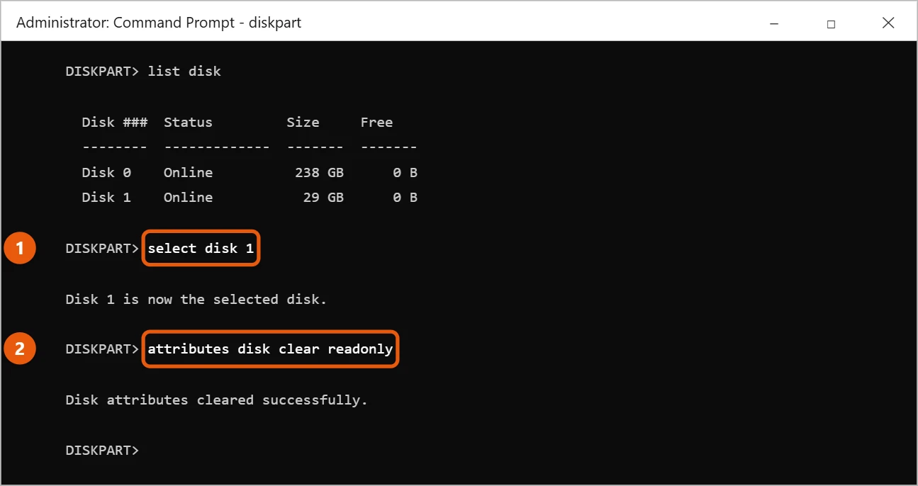 How to Remove Write Protection from a USB Drive in Windows 10 2 Windows 10 diskpart selecting disk 1 and clearing the read-only attribute