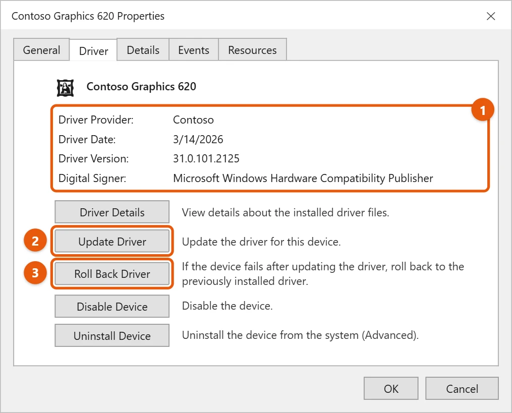 How to Update Graphics Drivers in Windows 10 2 Graphics card Properties Driver tab in Windows 10 with the driver version and the Update Driver and Roll Back Driver buttons highlighted