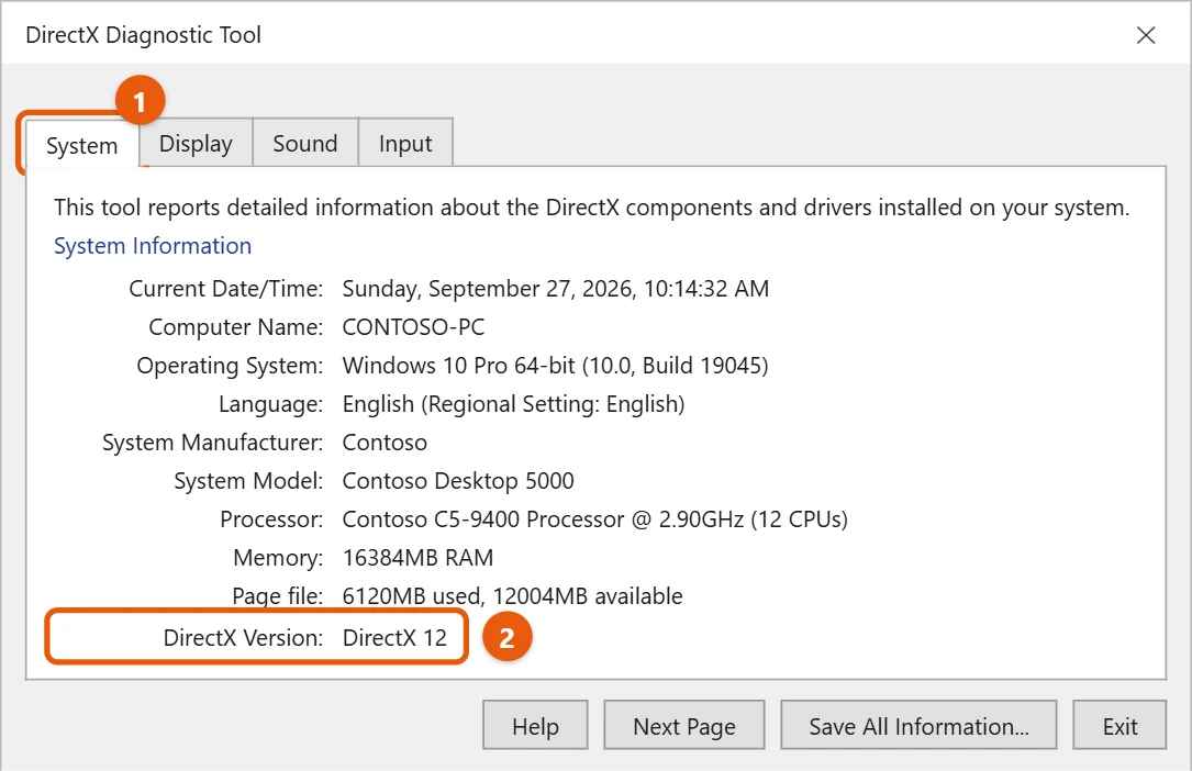 How to Check Your DirectX Version in Windows 10 2 Windows 10 DirectX Diagnostic Tool System tab with DirectX Version highlighted