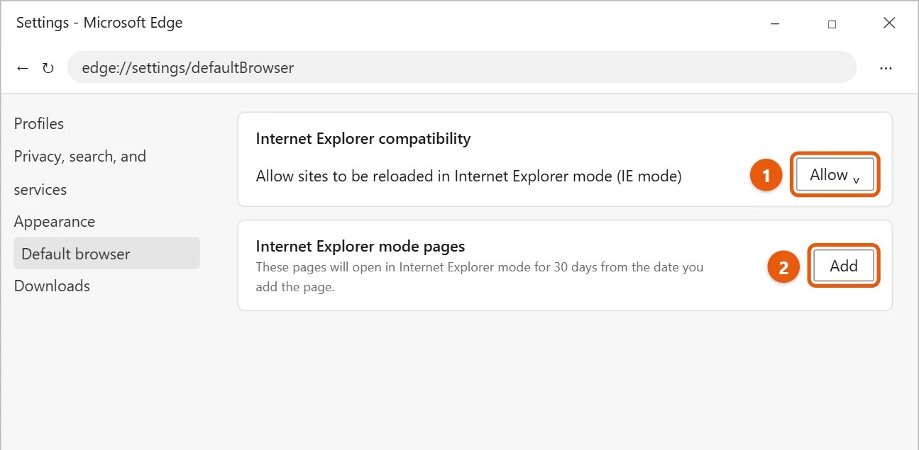How to Use Internet Explorer Mode in Windows 10 1 Microsoft Edge Default browser settings with Allow sites to be reloaded in Internet Explorer mode and the Add button highlighted