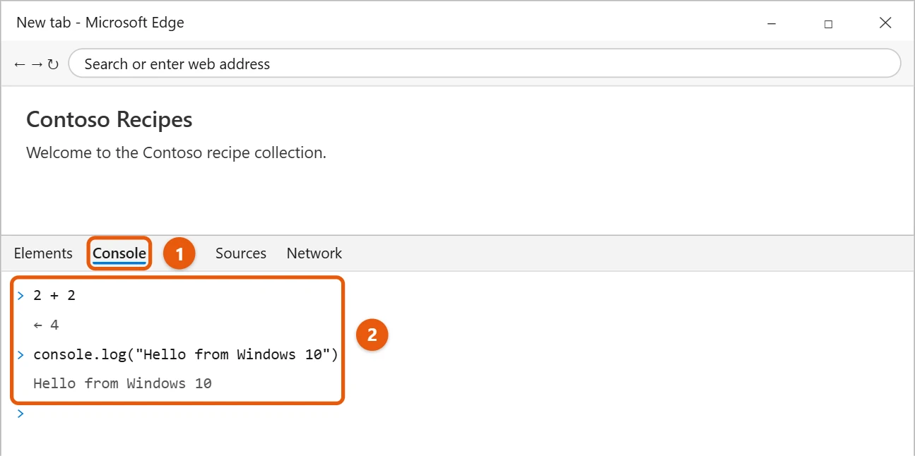 Do You Need to Install JavaScript on Windows 10? 1 Microsoft Edge with the DevTools Console open showing 2 + 2 and a console.log message