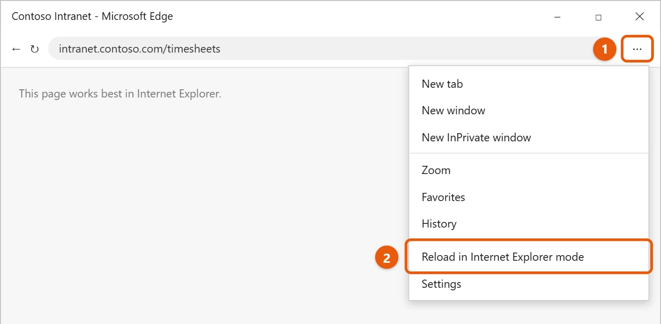 How to Use Internet Explorer Mode in Windows 10 2 Microsoft Edge Settings and more menu with Reload in Internet Explorer mode highlighted