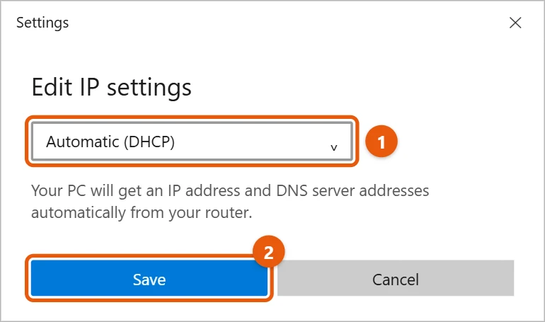 How to Enable DHCP in Windows 10 2 Windows 10 Edit IP settings box with Automatic (DHCP) selected and Save highlighted