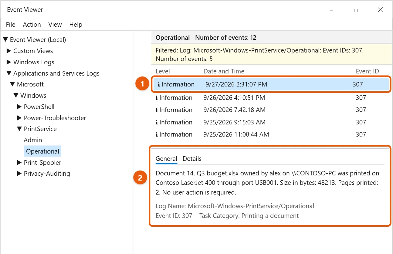 How to Check Print History in Windows 10 2 Windows 10 Event Viewer showing a PrintService event 307 with the document name, user, printer and pages printed