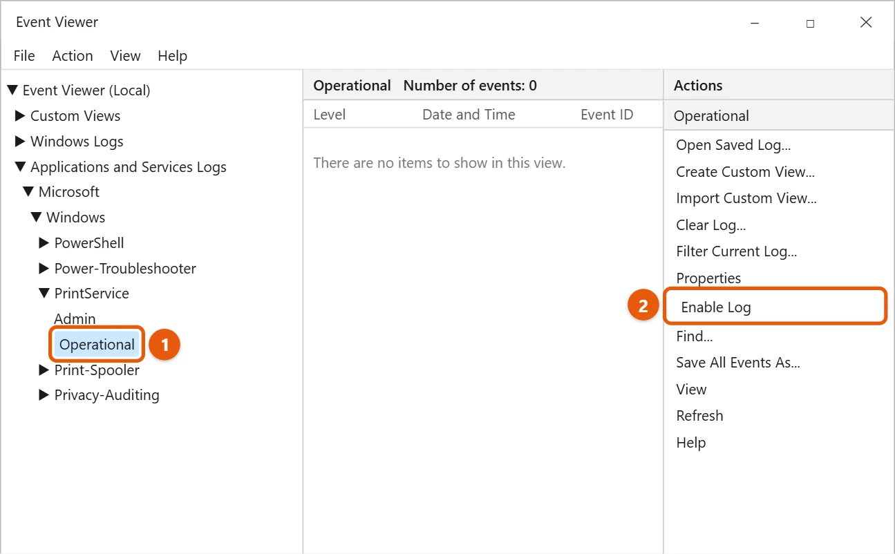 How to Check Print History in Windows 10 1 Windows 10 Event Viewer with the PrintService Operational log selected and Enable Log highlighted in the Actions pane