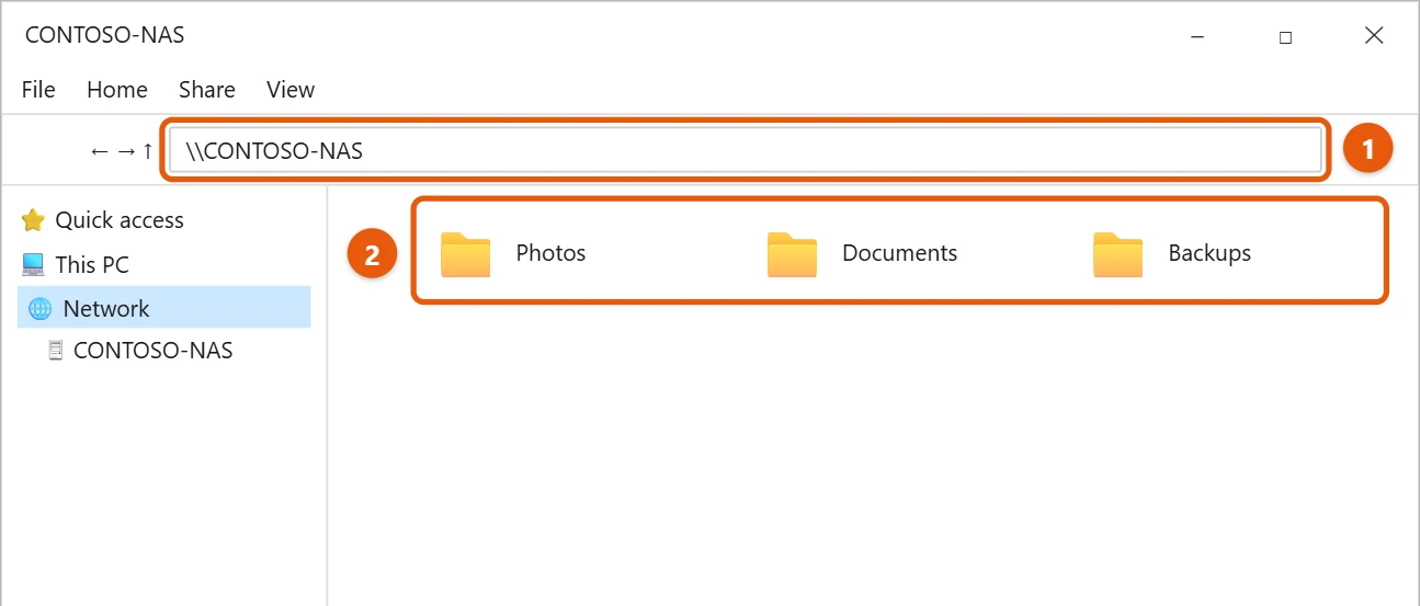 How to Connect to a Server on Windows 10 1 Windows 10 File Explorer with a server name typed in the address bar and its shared folders listed