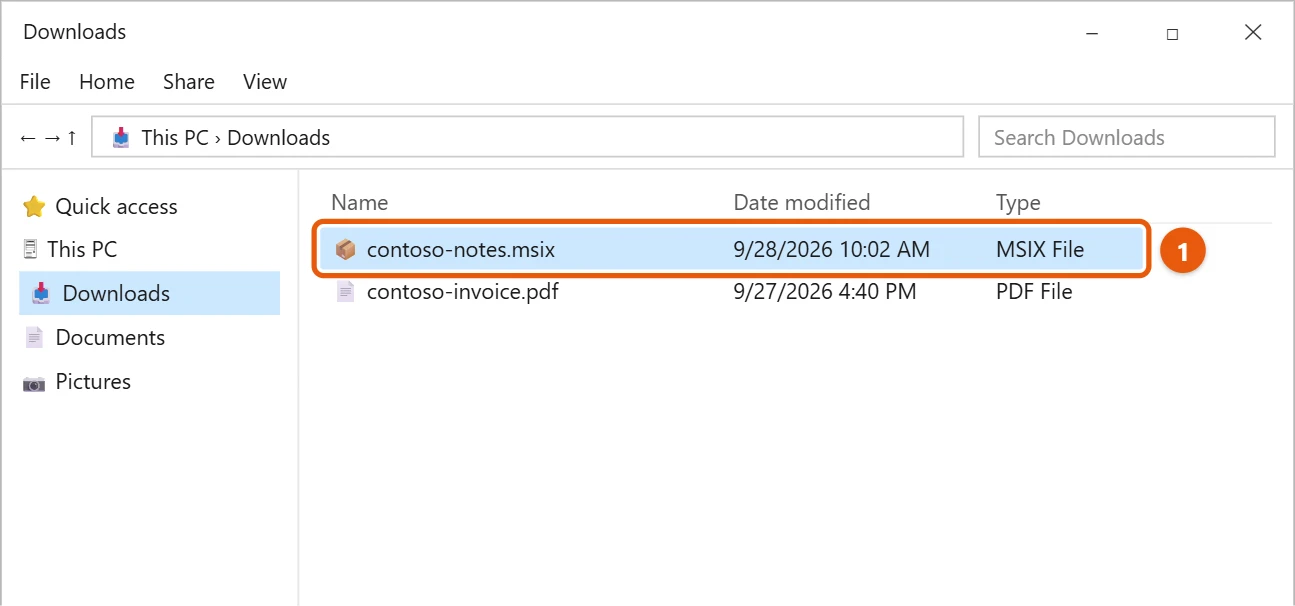 How to Install an MSIX App on Windows 10 1 File Explorer Downloads folder with an MSIX file selected
