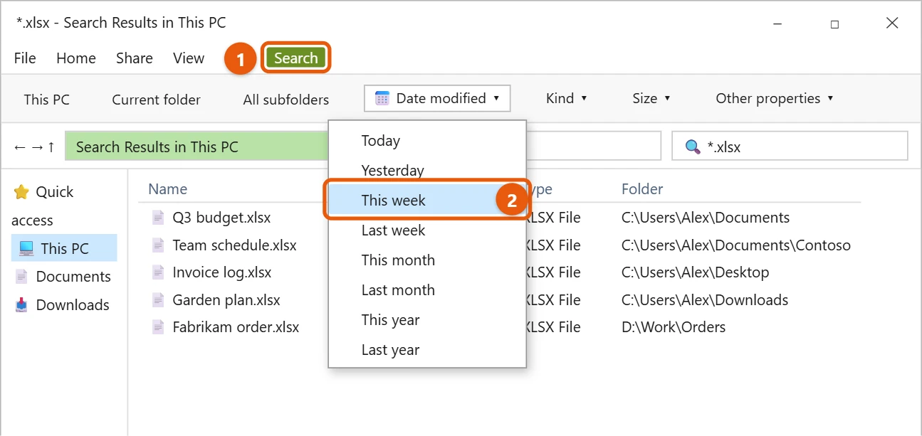 How to Find All Excel Files in Windows 10 2 Windows 10 File Explorer Search tab with the Date modified menu open and This week selected