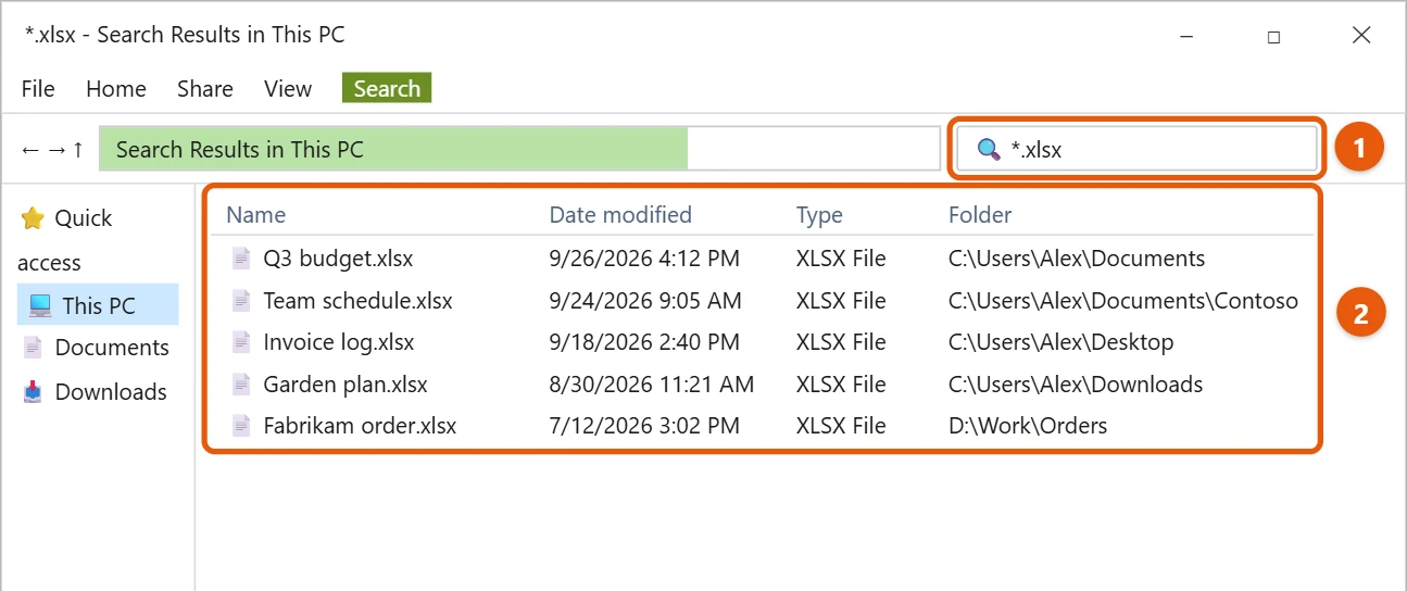 How to Find All Excel Files in Windows 10 1 Windows 10 File Explorer search for *.xlsx in This PC showing a list of spreadsheet files and their folders