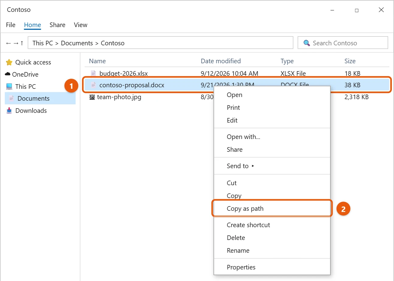 How to Copy a File Path in Windows 10 1 Windows 10 File Explorer right-click menu with Copy as path highlighted for a Contoso file