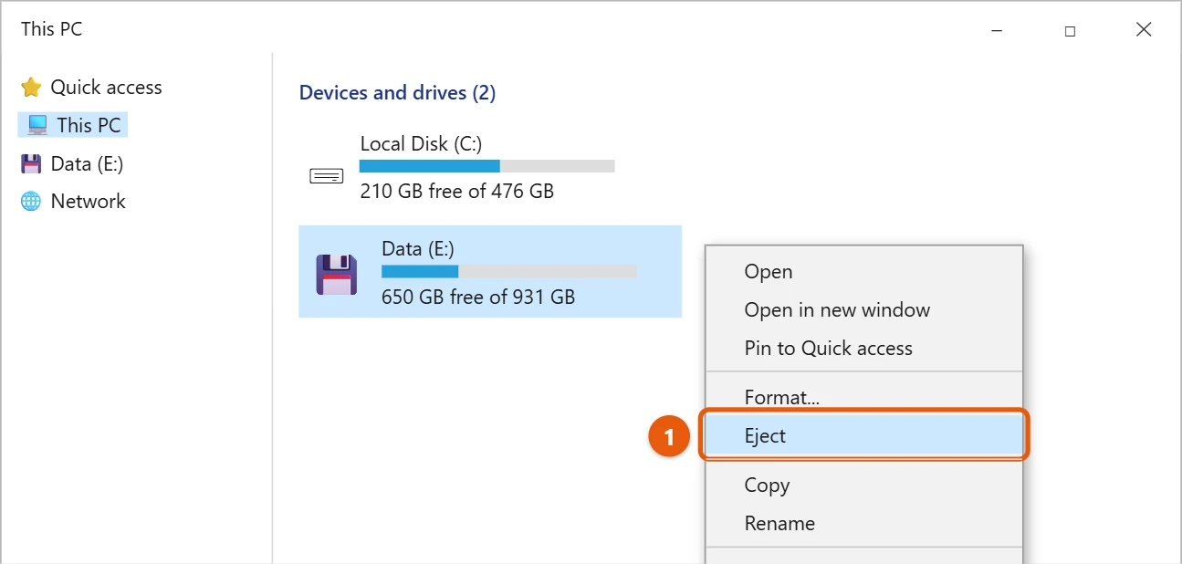 How to Safely Eject an External Hard Drive in Windows 10 2 Windows 10 File Explorer This PC with a right-click menu open on drive E and Eject highlighted