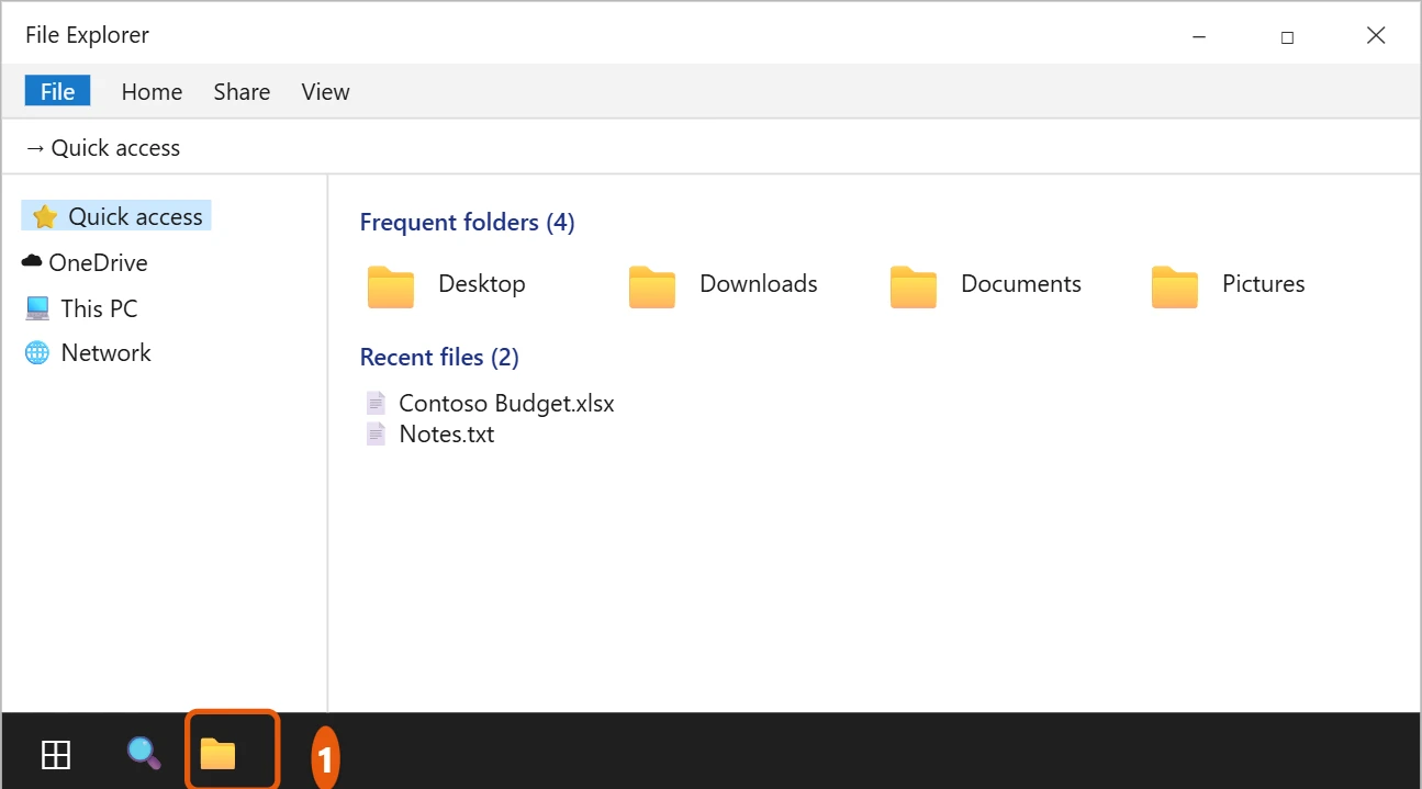 How to Open File Explorer in Windows 10 1 Windows 10 File Explorer open to Quick access with the File Explorer icon on the taskbar highlighted