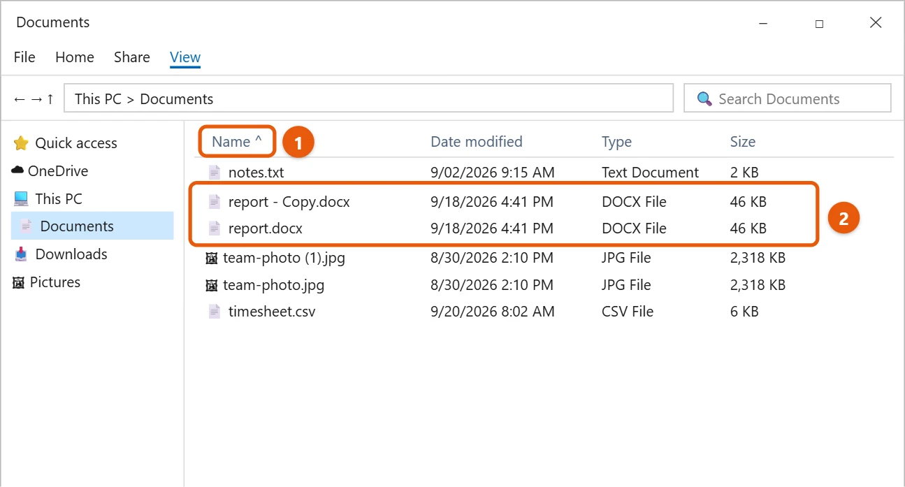 How to Find and Delete Duplicate Files in Windows 10 1 Windows 10 File Explorer Details view sorted by name with a file and its copy highlighted
