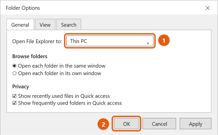 How to Open File Explorer in Windows 10 2 Windows 10 Folder Options General tab with Open File Explorer to set to This PC and OK highlighted