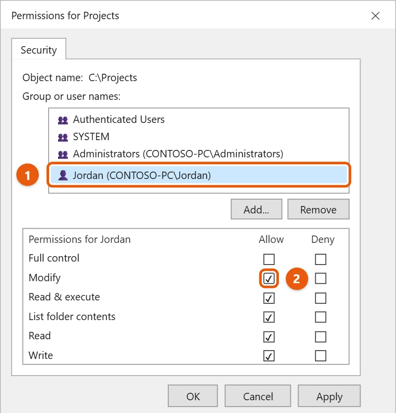 How to Change File and Folder Permissions in Windows 10 1 Windows 10 Permissions dialog for a folder with a user selected and the Modify Allow check box highlighted