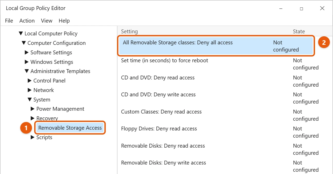 How to Disable USB Ports in Windows 10 1 Windows 10 Local Group Policy Editor with Removable Storage Access selected and All Removable Storage classes Deny all access highlighted