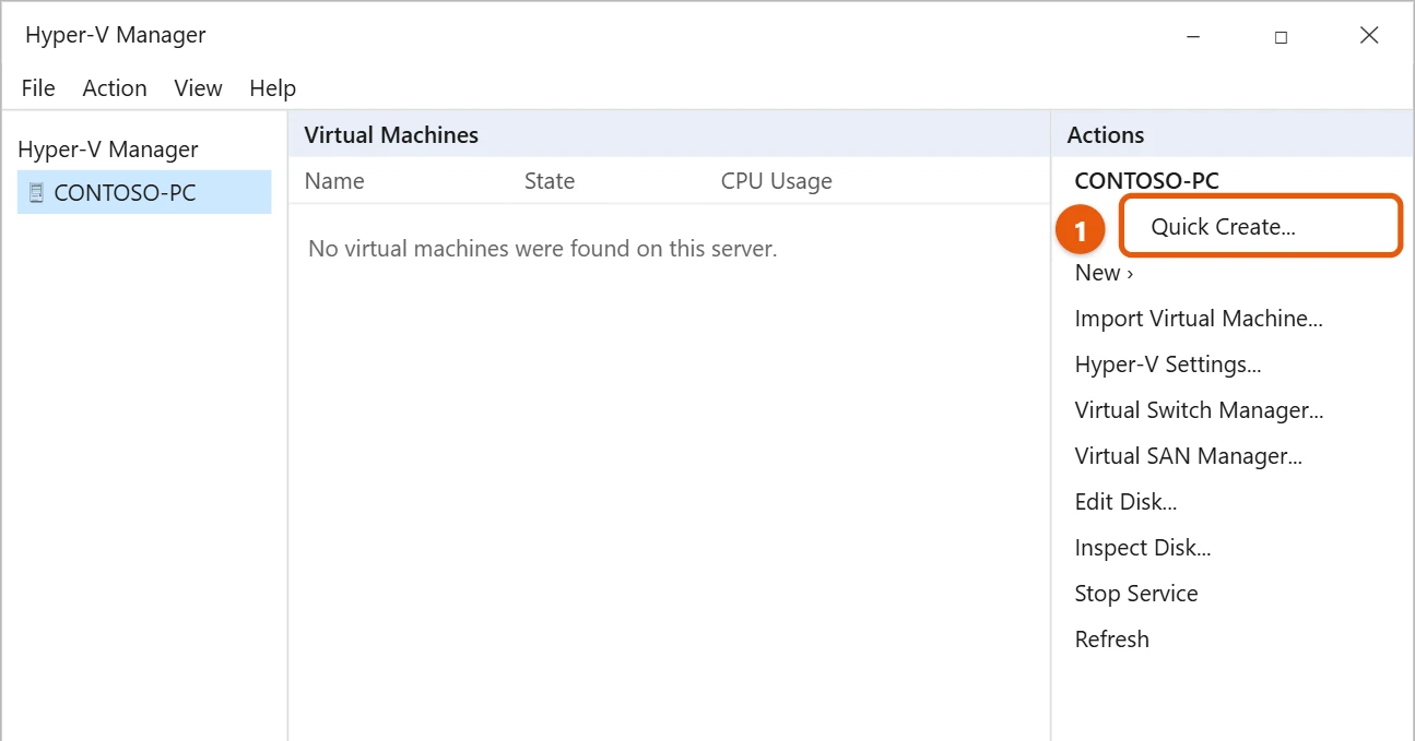 How to Create a Virtual Machine in Windows 10 with Hyper-V 1 Hyper-V Manager with Quick Create highlighted in the Actions pane