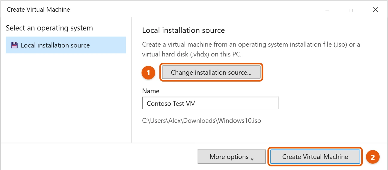 How to Create a Virtual Machine in Windows 10 with Hyper-V 2 Hyper-V Create Virtual Machine window with Change installation source and Create Virtual Machine highlighted