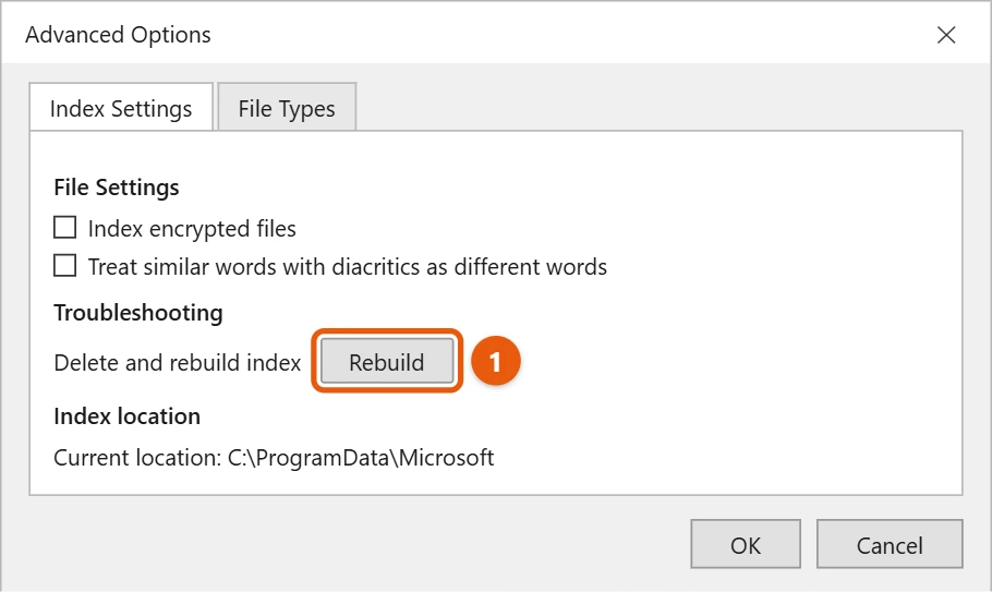 How to Fix Windows Search Not Working in Windows 10 2 Windows 10 Indexing Options Advanced Options window with the Rebuild button highlighted