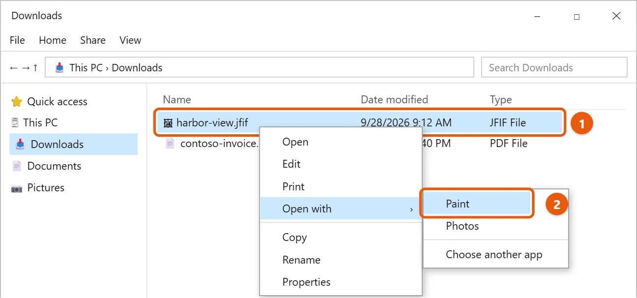 How to Change JFIF to JPG in Windows 10 1 File Explorer with a JFIF file right-clicked and Open with Paint highlighted