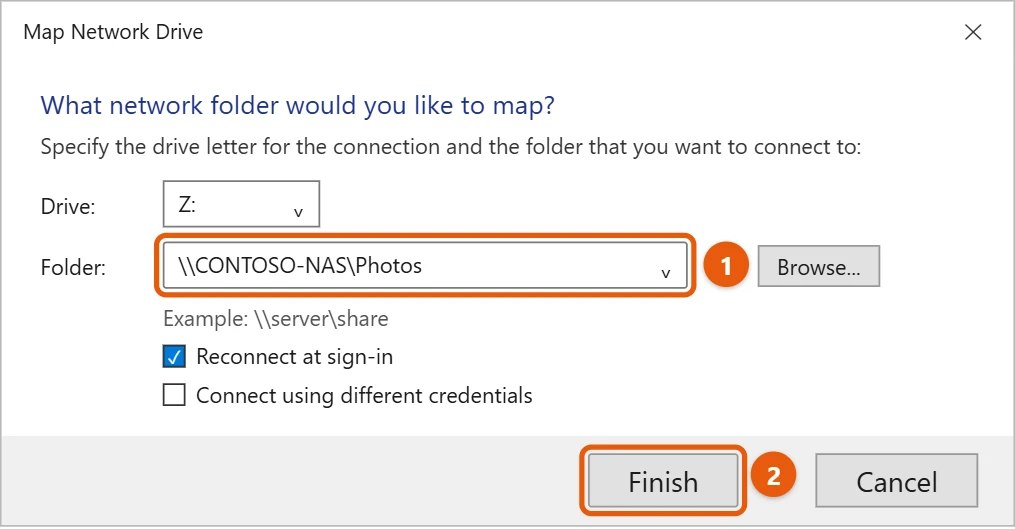 How to Connect to a Server on Windows 10 2 Windows 10 Map Network Drive window with a server folder typed in and the Finish button highlighted