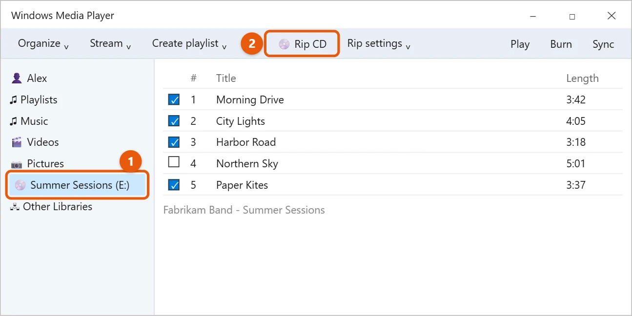 How to Copy (Rip) a CD to Your PC in Windows 10 2 Windows Media Player with a fictional audio CD selected and the Rip CD button highlighted