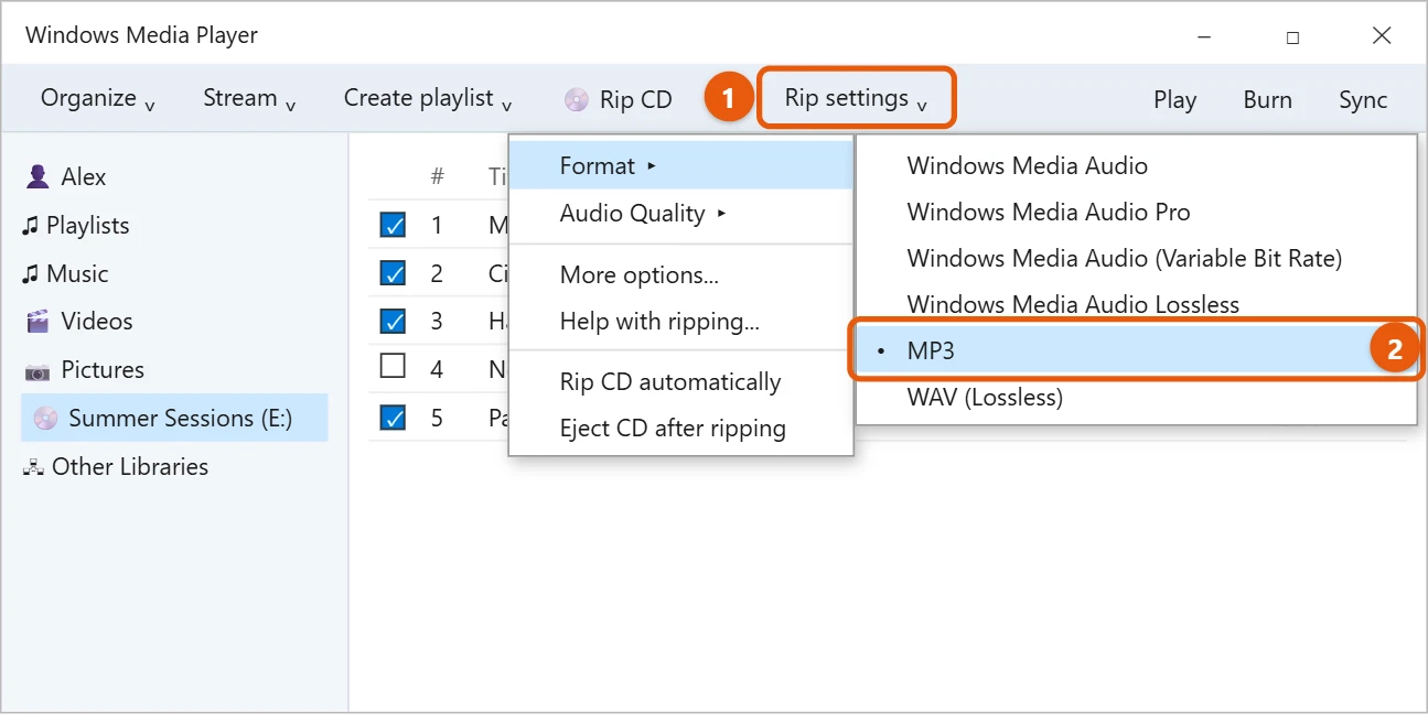 How to Copy (Rip) a CD to Your PC in Windows 10 1 Windows Media Player Rip settings menu with Format open and MP3 selected