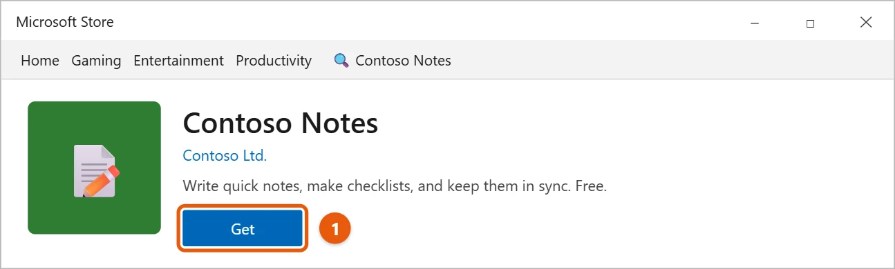 How to Install Apps and Software in Windows 10 1 Microsoft Store on Windows 10 showing a Contoso Notes app page with the Get button highlighted
