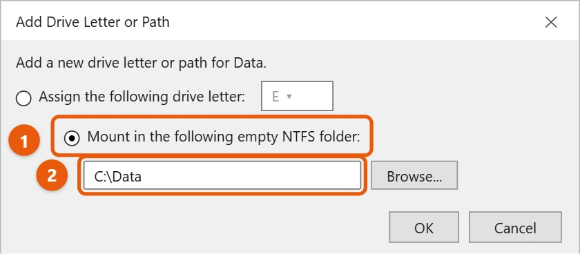 How to Mount a Drive in Windows 10 2 Windows 10 Add Drive Letter or Path dialog with Mount in the following empty NTFS folder selected and C:\Data entered