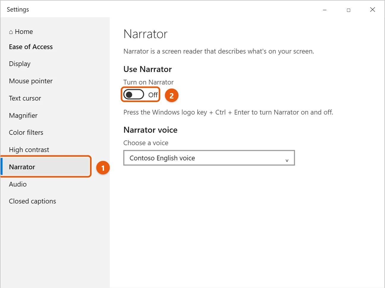 How to Turn Off Captions in Windows 10 2 Windows 10 Narrator settings with the Turn on Narrator switch set to Off