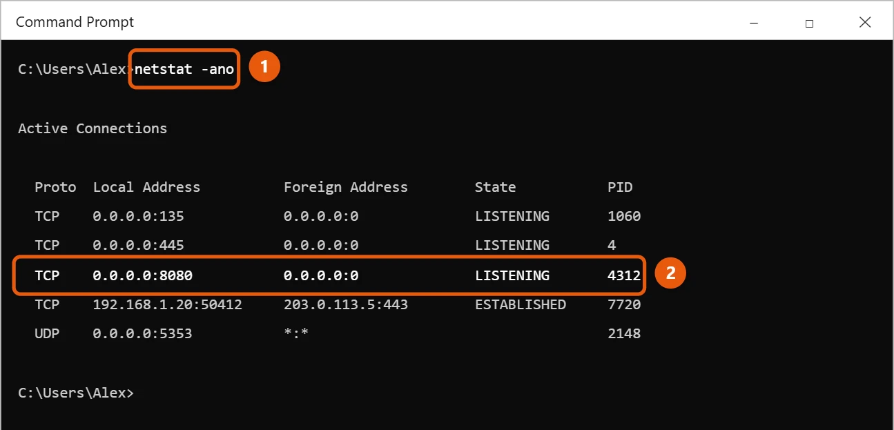 How to Find Port Numbers in Windows 10 1 Windows 10 Command Prompt showing netstat -ano output with port 8080 listening highlighted