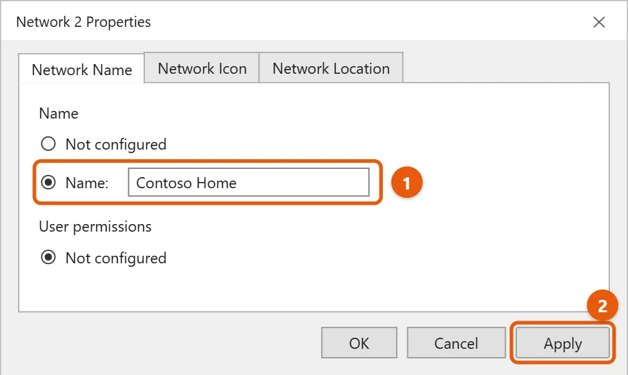 How to Change the Network Name in Windows 10 2 Windows 10 network Properties Network Name tab with the Name option set to Contoso Home and Apply highlighted