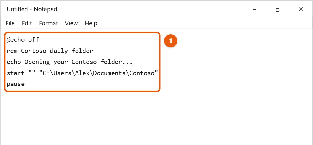How to Create a Batch (.bat) File in Windows 10 1 Windows 10 Notepad with a short batch script that opens a Contoso folder